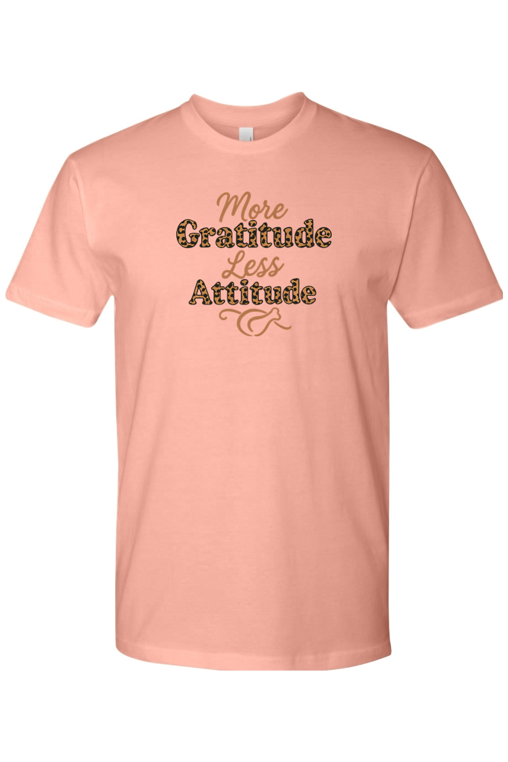 Pink Thanksgiving t-shirt with "More Gratitude Less Attitude" text in leopard print with a turkey design underneath trendy girly fall holiday short sleeve shirt