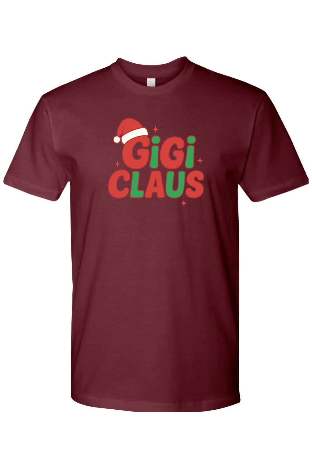 Maroon Christmas t-shirt with "Gigi Claus" text in green and red with a Santa hat sitting on the G cute grandma grandparent holiday short sleeve shirt