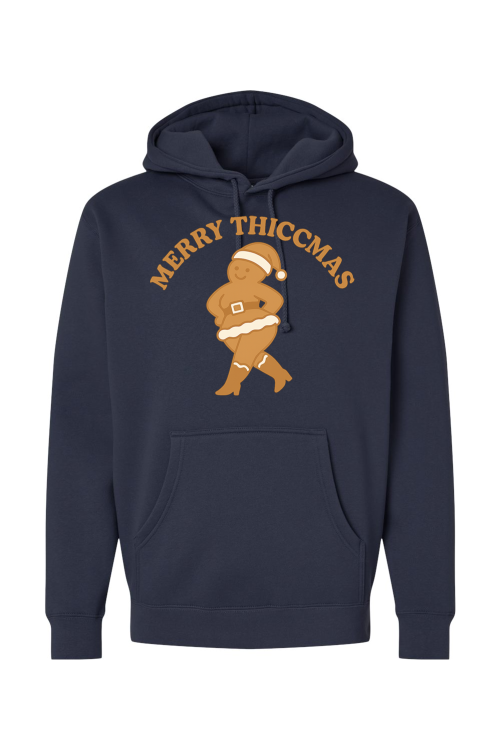 Navy blue Christmas hoodie with "Merry Thiccmas" text and a curvy gingerbread woman design funny humor edgy holiday festive long sleeve hooded sweatshirt