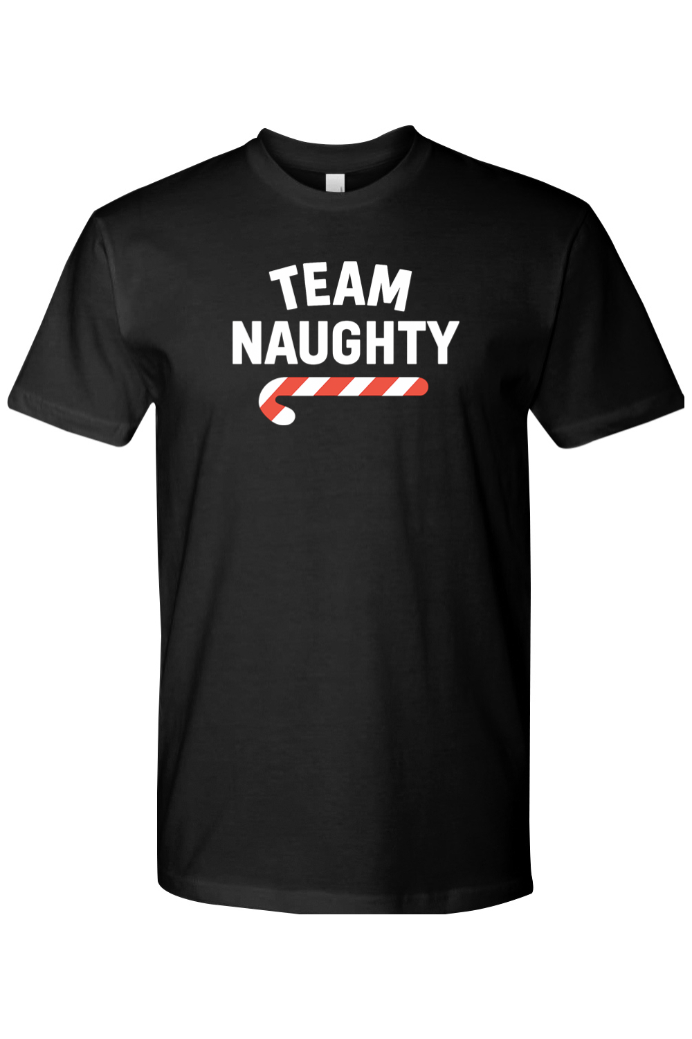 Black Christmas t-shirt with "Team Naughty" text in white with a candy cane design funny sarcastic humor holiday short sleeve shirt