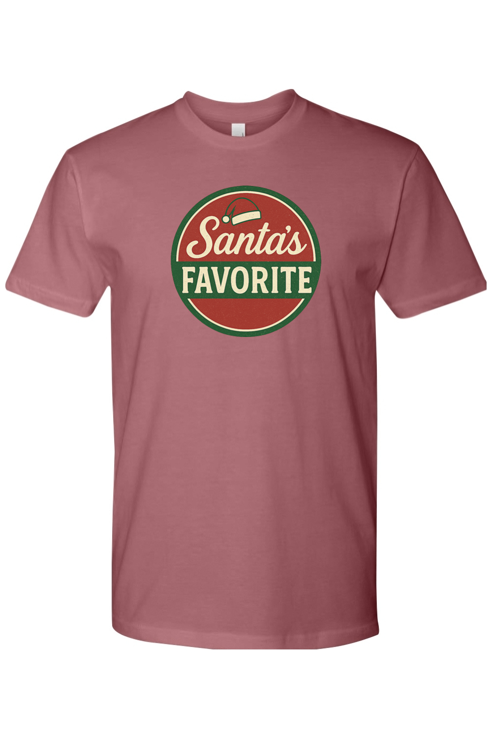 Mauve dark pink Christmas t-shirt with "Santa's Favorite" text with a Santa hat in a badge layout design funny festive holiday short sleeve shirt