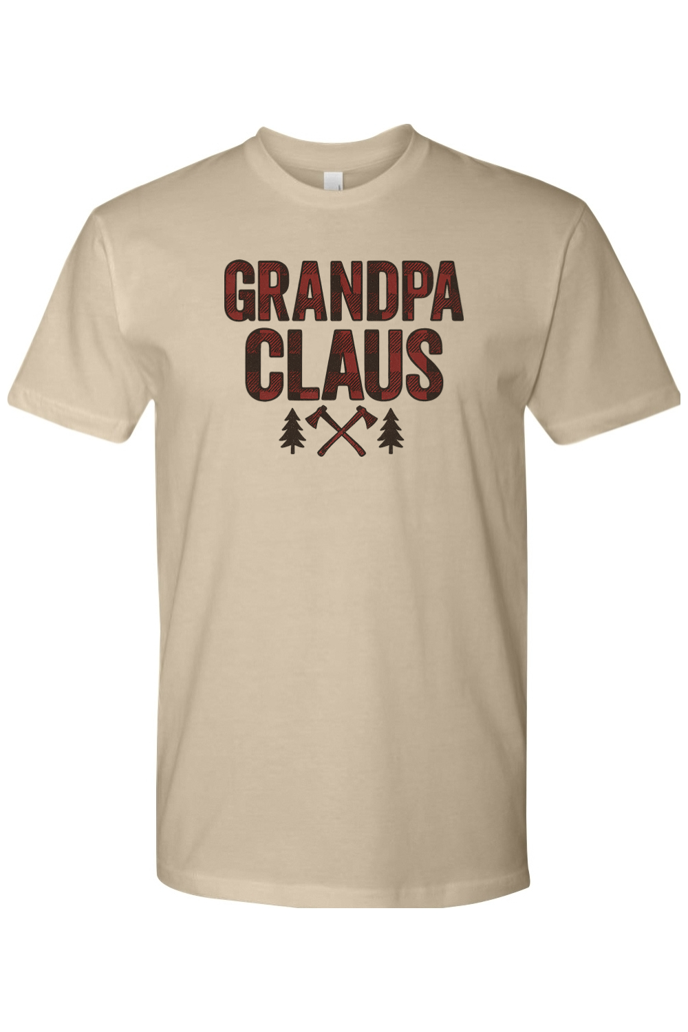 Dark beige Christmas t-shirt with "Grandpa Claus" text in buffalo plaid with two axes and two trees design cool trendy grandpa grandparent holiday short sleeve shirt