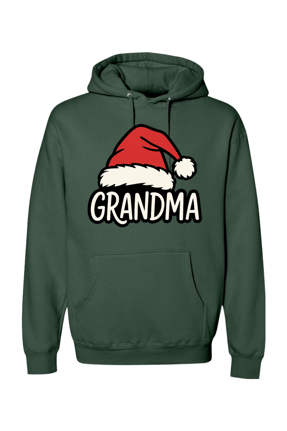 Pine green Christmas hoodie with "Grandma" text under a Santa hat cute grandparent grandmother long sleeve hooded sweatshirt