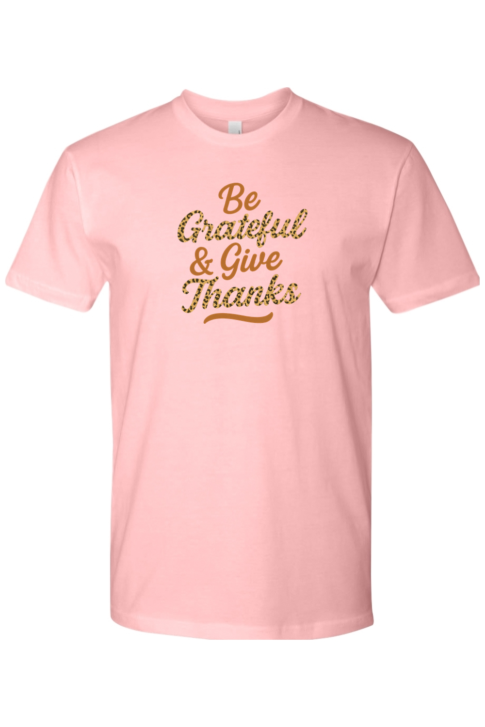 Pink Thanksgiving t-shirt with "Be Grateful & Give Thanks" text in leopard print with a wavy line design underneath cute trendy fall holiday short sleeve shirt