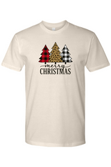 Beige cream Christmas t-shirt with plaid and leopard print Christmas trees design and 