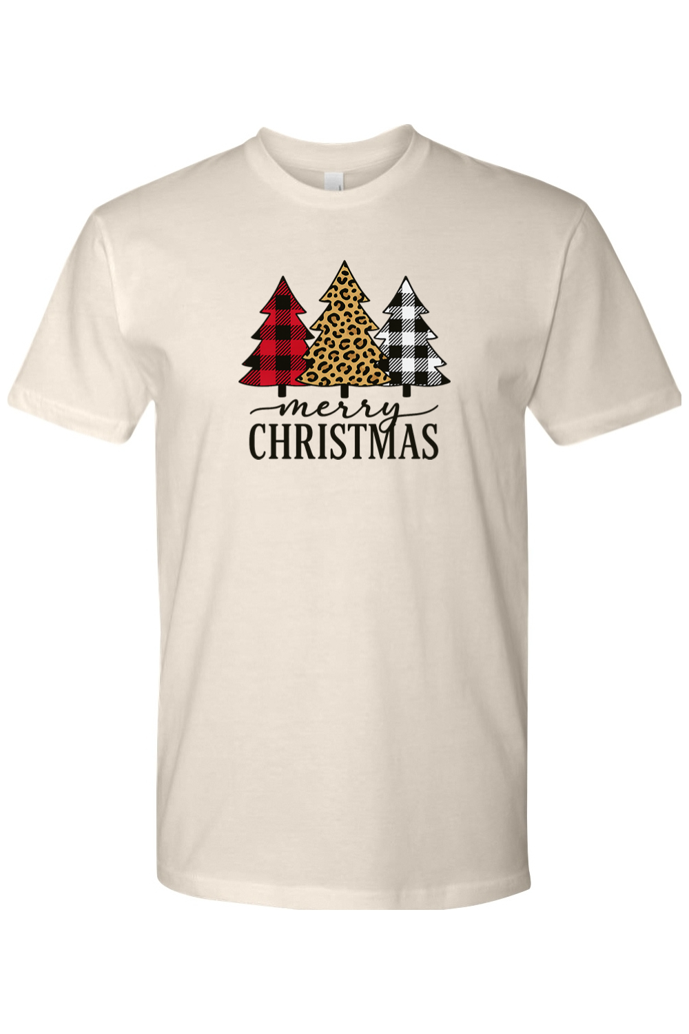 Beige cream Christmas t-shirt with plaid and leopard print Christmas trees design and "Merry Christmas" text festive trendy holiday short sleeve shirt