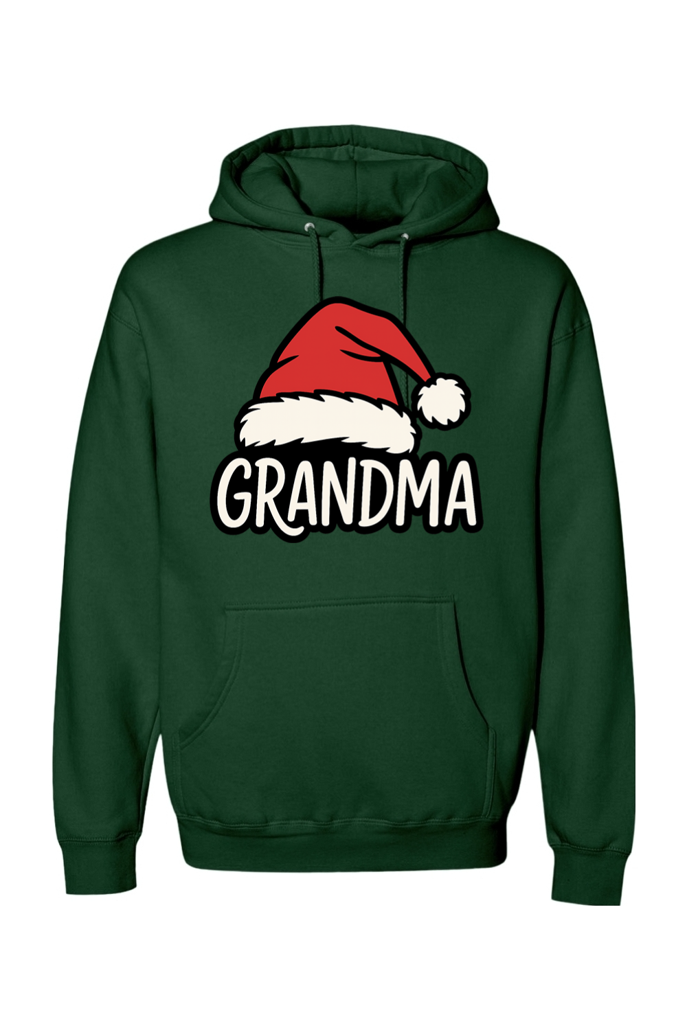 Dark green Christmas hoodie with "Grandma" text under a Santa hat cute grandparent grandmother long sleeve hooded sweatshirt