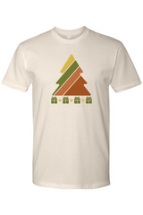 Beige vintage Christmas t-shirt with a retro striped Christmas tree and presents underneath design cool trendy holiday short sleeve shirt