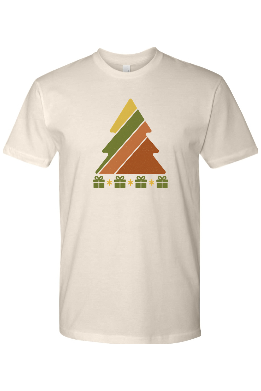 Beige vintage Christmas t-shirt with a retro striped Christmas tree and presents underneath design cool trendy holiday short sleeve shirt