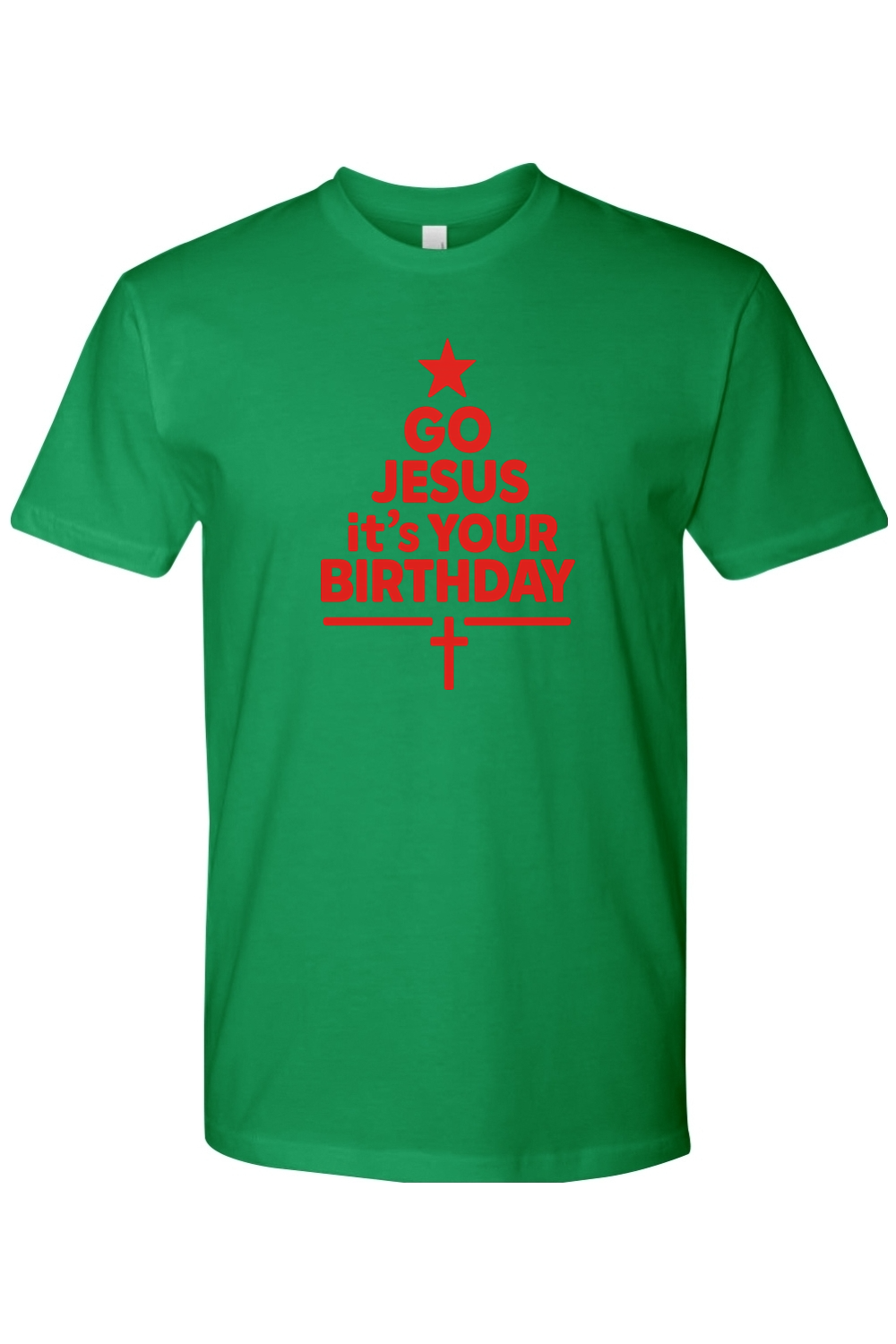 Green Christmas t-shirt with "Go Jesus It's Your Birthday" text in red with a star and cross all made into a Christmas tree design religious Christian God funny holiday short sleeve shirt