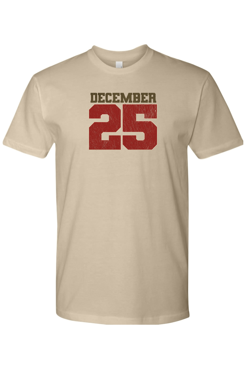 Dark beige Christmas t-shirt with "December 25" text cool trendy festive holiday short sleeve shirt