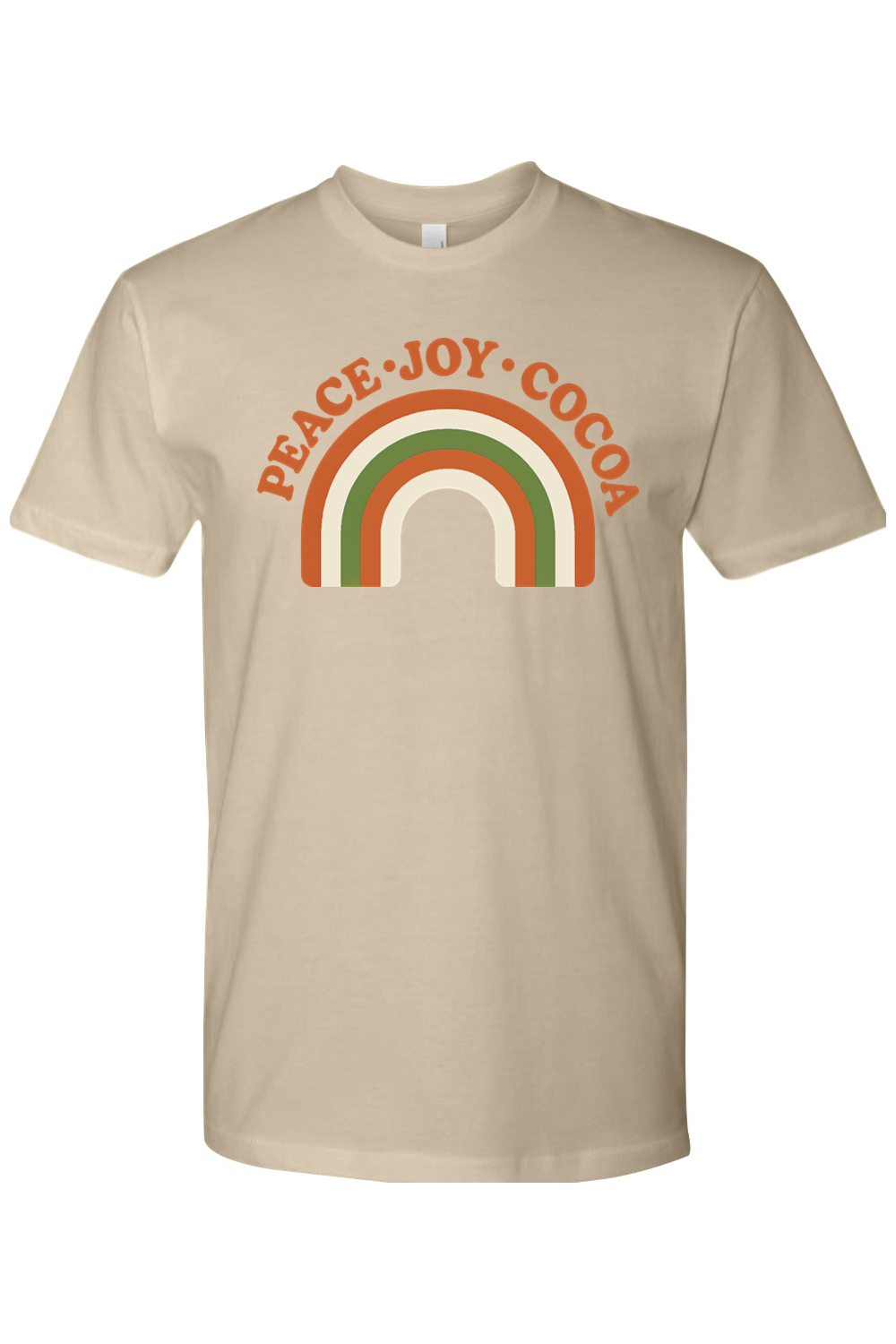 Dark Beige  vintage Christmas t-shirt with "Peace Joy Cocoa" text and a retro rainbow design cool trendy holiday short sleeve shirt