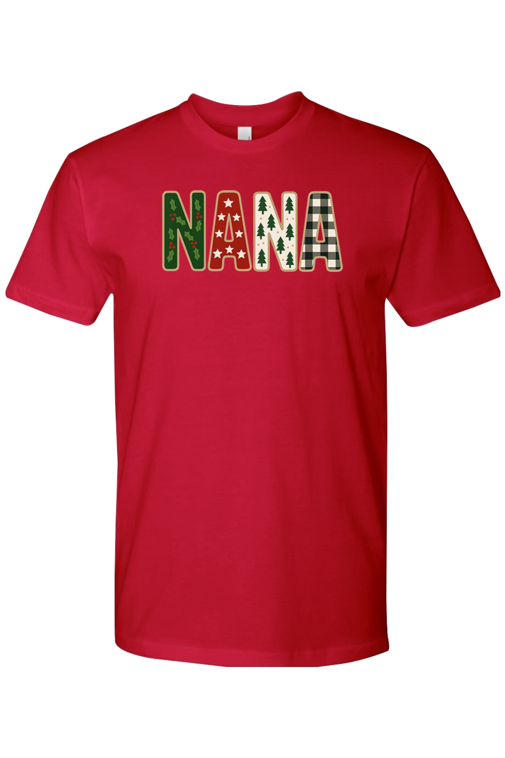 Red Christmas t-shirt with "NANA" text with holly, star, tree, and plaid patterns inside the letters cute trendy grandma grandmother holiday short sleeve shirt