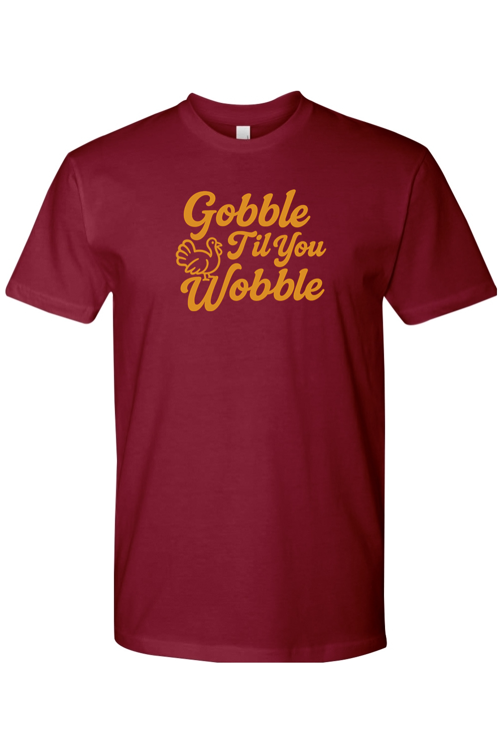 Burgundy Thanksgiving t-shirt with "Gobble Til You Wobble" text and a turkey design funny trendy fall holiday short sleeve shirt