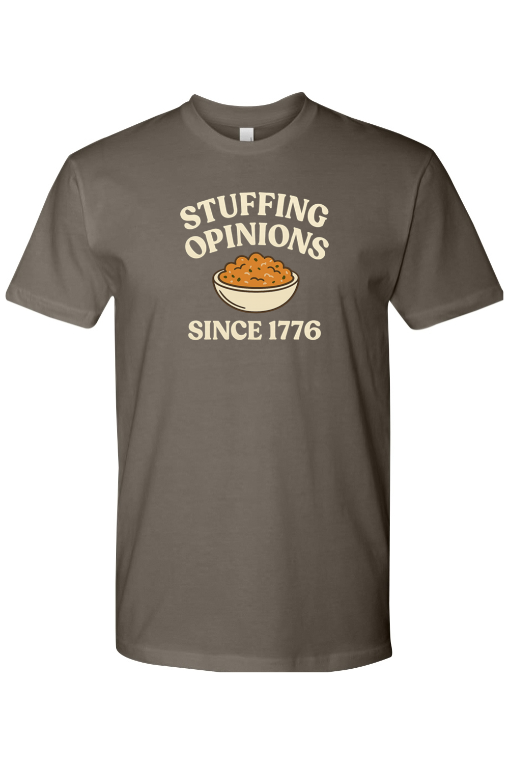 Grey gray Thanksgiving t-shirt with "Stuffing Opinions Since 1776" text and stuffing bowl design funny sarcastic political fall holiday short sleeve shirt