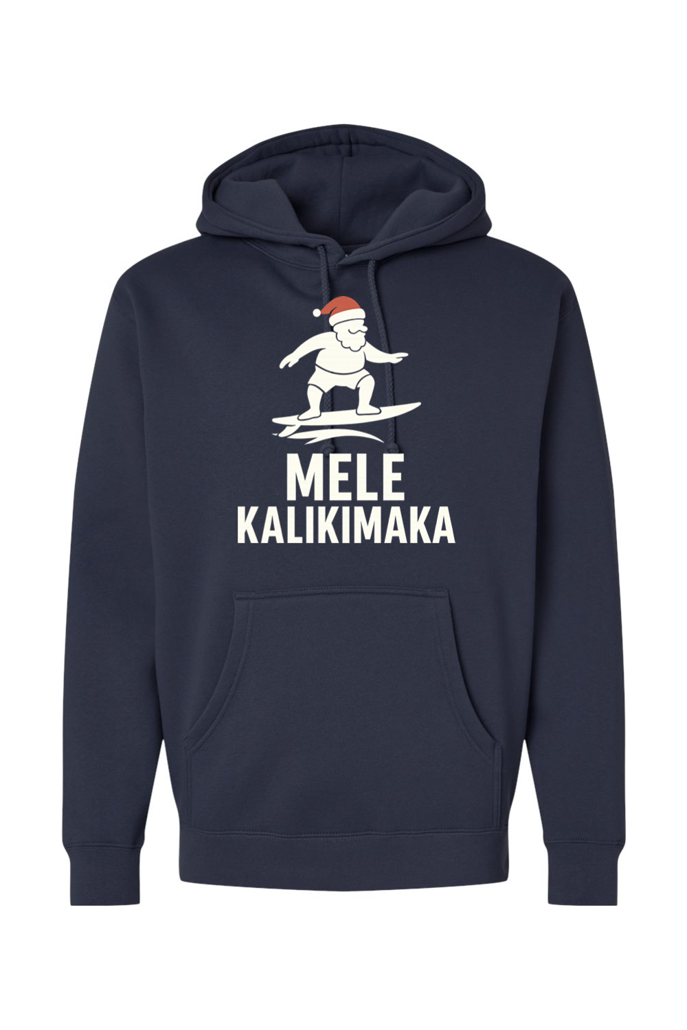 Navy blue Christmas hoodie with Santa surfing and "Mele Kalikimaka" text funny Hawaiian Christmas surf holiday long sleeve hooded sweatshirt