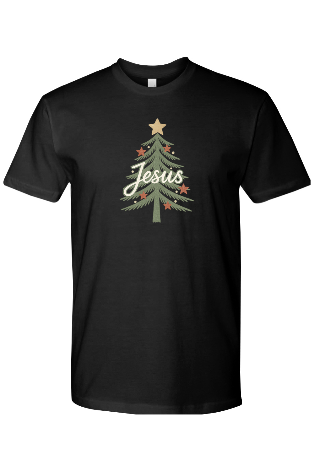 Black Christmas t-shirt with "Jesus" text in a Christmas tree design cute trendy religious Christian God holiday short sleeve shirt