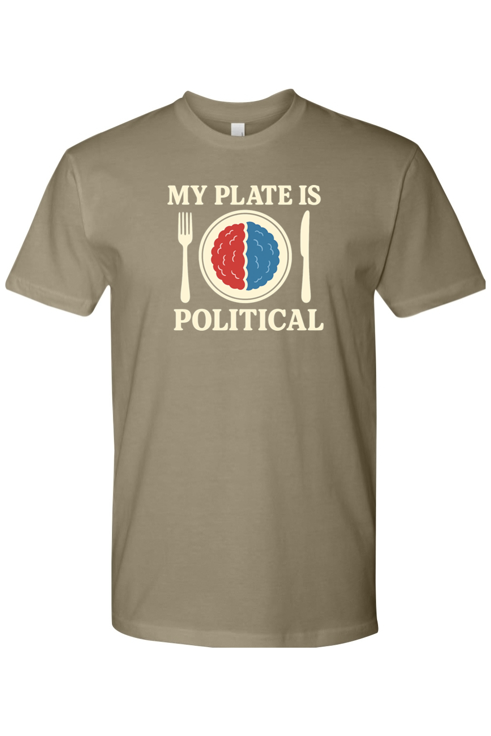 Light olive green Thanksgiving t-shirt with "My Plate is Political" text and a plate with red and blue mashed potatoes, fork, and knife design sarcastic funny political fall holiday short sleeve shirt