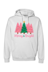 White Christmas hoodie with pink and green Christmas trees design with text 