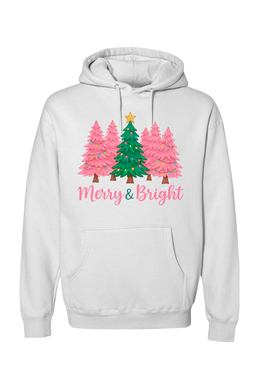 White Christmas hoodie with pink and green Christmas trees design with text "Merry & Bright" cute trendy festive holiday long sleeve hooded sweatshirt