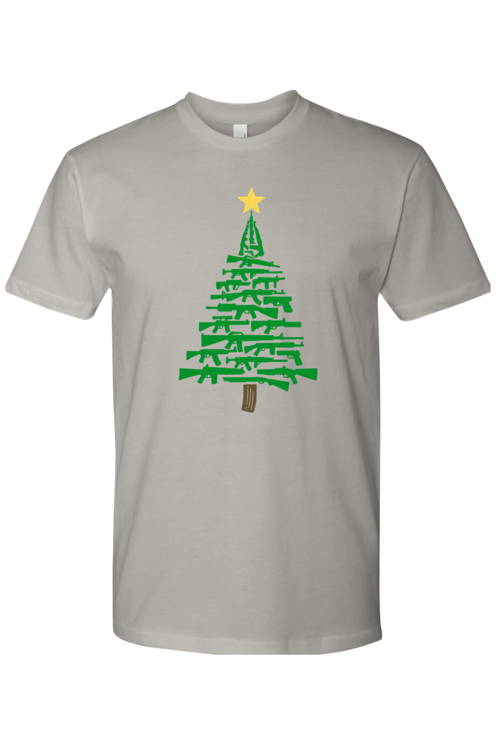 Gray Christmas t-shirt with a Christmas tree design made out of rifles cool tactical men's holiday short sleeve shirt