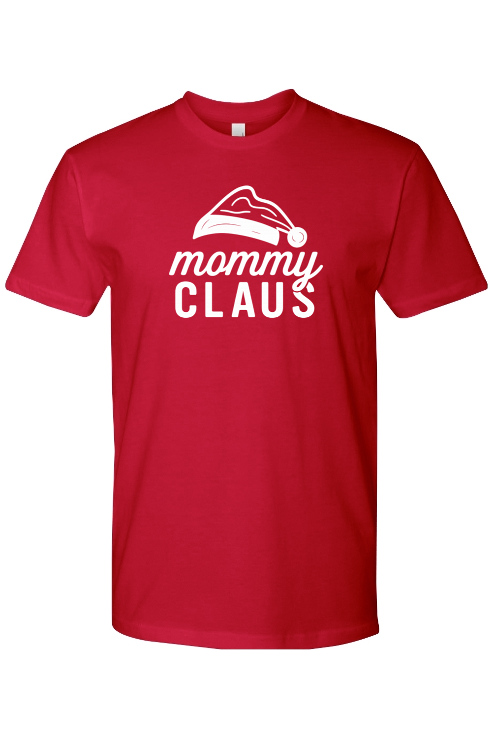 Red Christmas t-shirt with "mommy claus" text and a Santa hat design cute funny trendy mom holiday short sleeve shirt