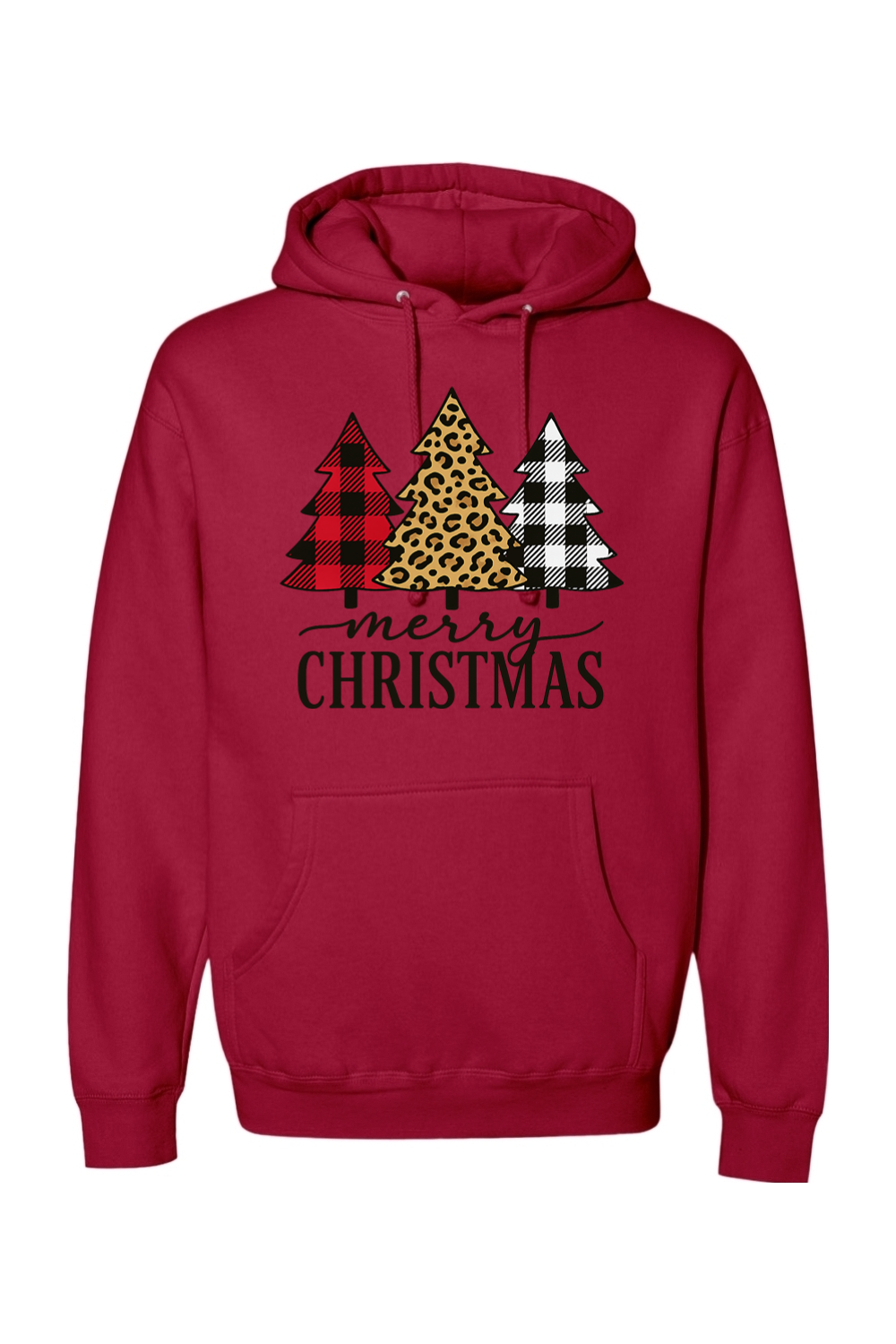 Red Christmas hoodie with "Merry Christmas" text and a buffalo plaid, leopard print, and black and white plaid Christmas trees cute trendy festive holiday long sleeve hooded sweatshirt