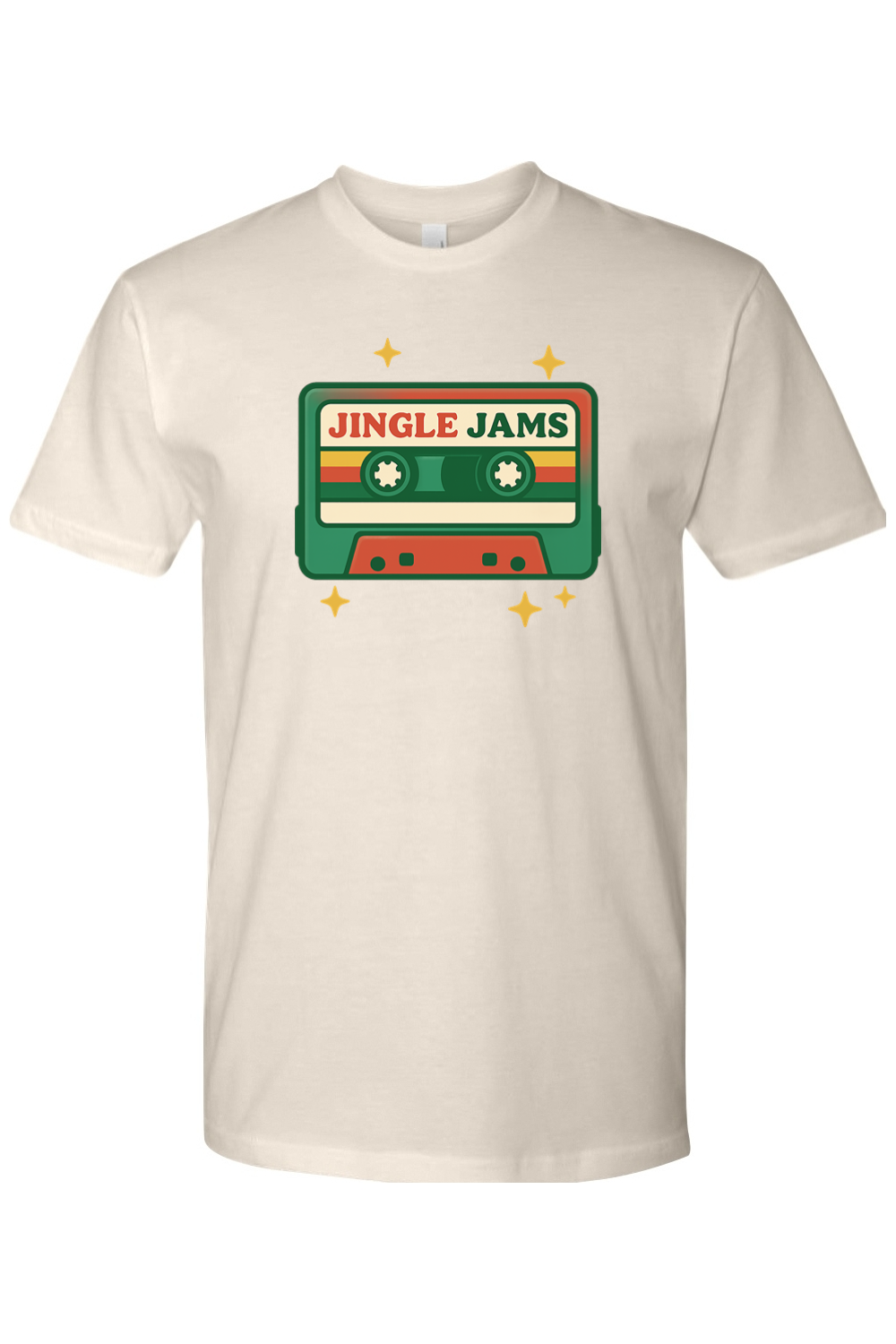 Cream vintage Christmas t-shirt with "Jingle Jams" text inside a cassette tape retro trendy holiday short sleeve shirt