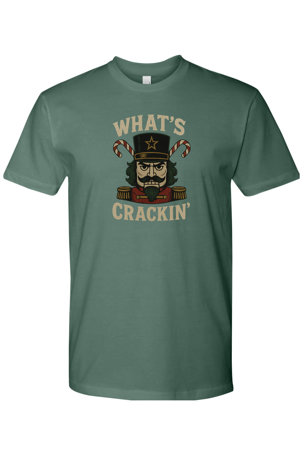 Pine green Christmas t-shirt with "What's Crackin'" text and a masculine nutcracker candy cane design funny manly holiday humor short sleeve shirt
