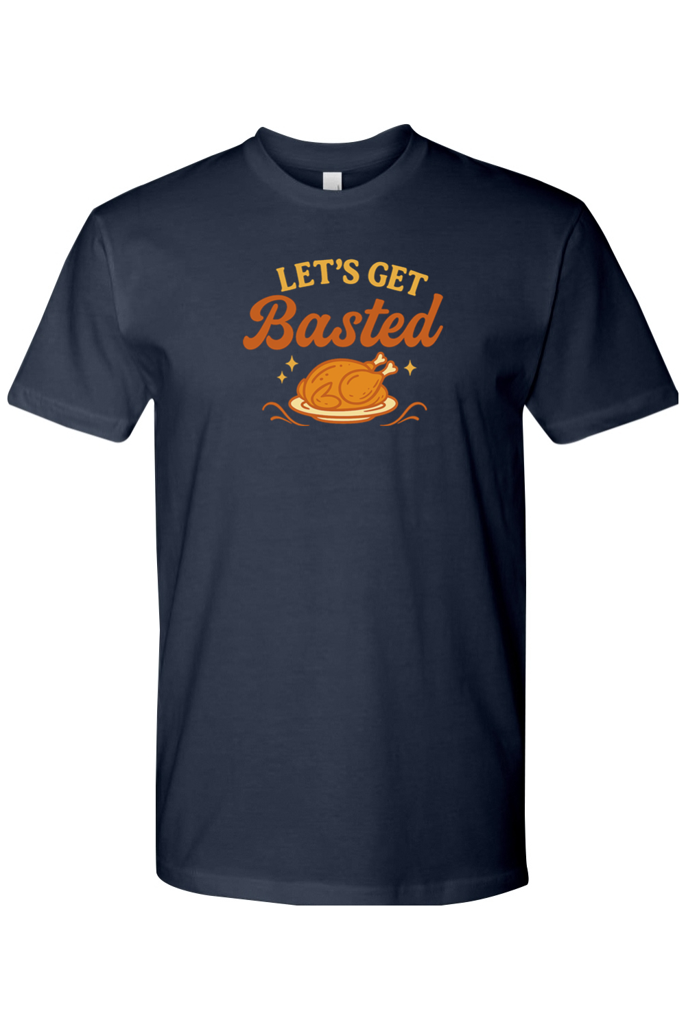 Navy blue Thanksgiving t-shirt with "Let's Get Basted" text and a turkey stars design funny girly trendy fall holiday short sleeve shirt