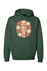 Green Christmas hoodie with a poinsettia nutcracker wreath design trendy cute holiday long sleeve hooded sweatshirt