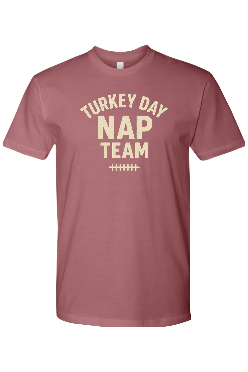 Mauve dark pink Thanksgiving t-shirt with "Turkey Day Nap Team" text with football laces design funny fall holiday short sleeve shirt