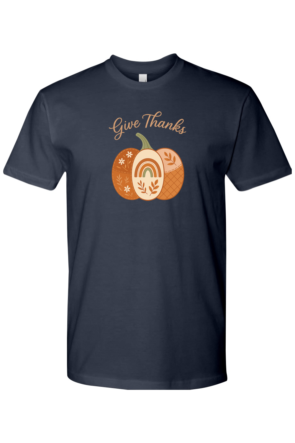 Navy blue Thanksgiving t-shirt with "Give Thanks" text and a patchwork floral leaves rainbow pumpkin design cute vintage trendy fall holiday short sleeve shirt