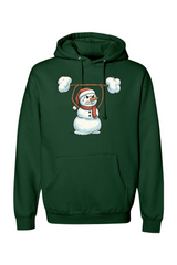 Dark green Christmas hoodie with a snowman lifting a snow barbell design funny gym humor festive holiday long sleeve hooded sweatshirt