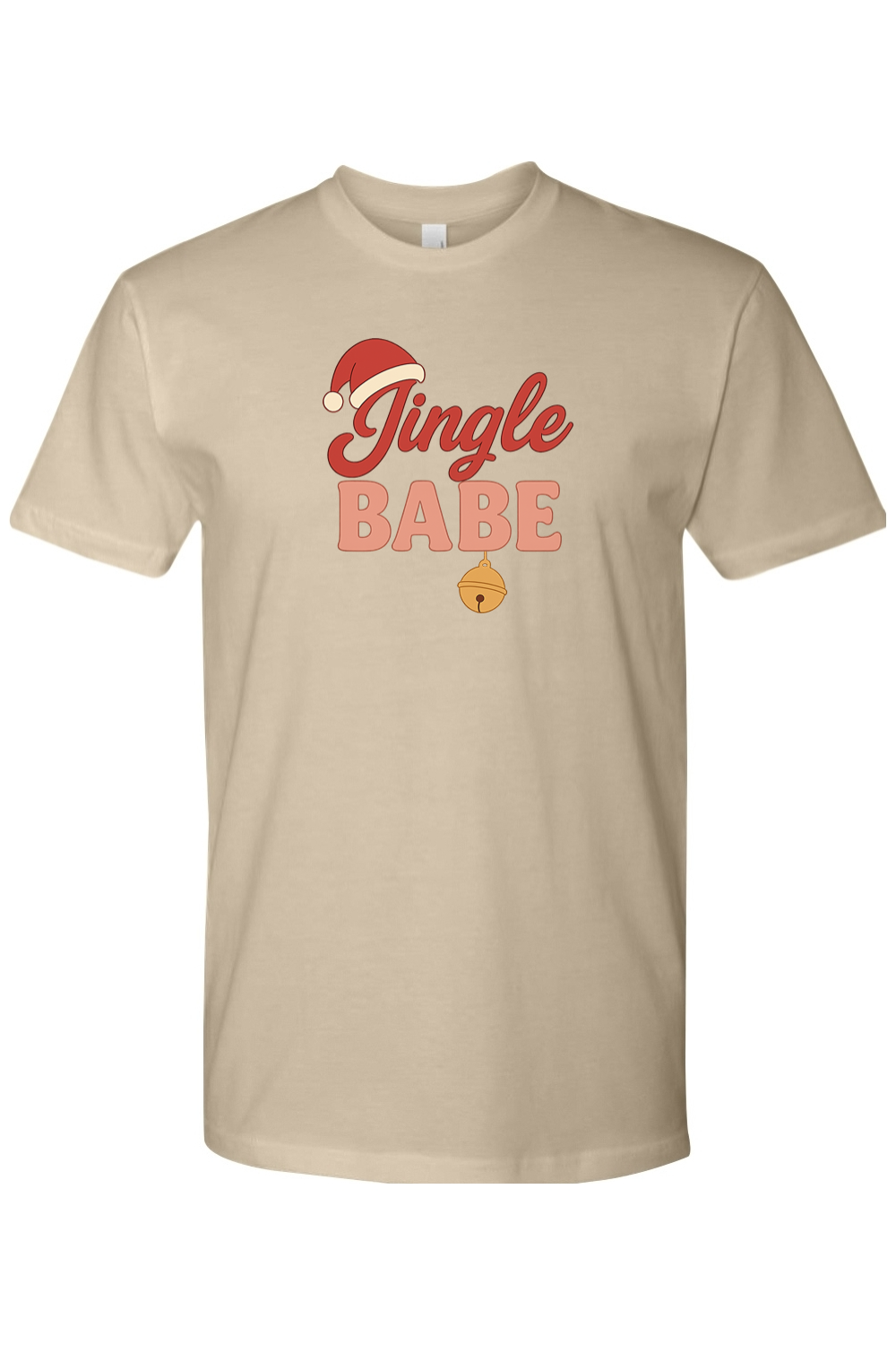 Dark beige Christmas t-shirt with "Jingle Babe" text and a Santa hat bell design cute girly festive holiday short sleeve shirt