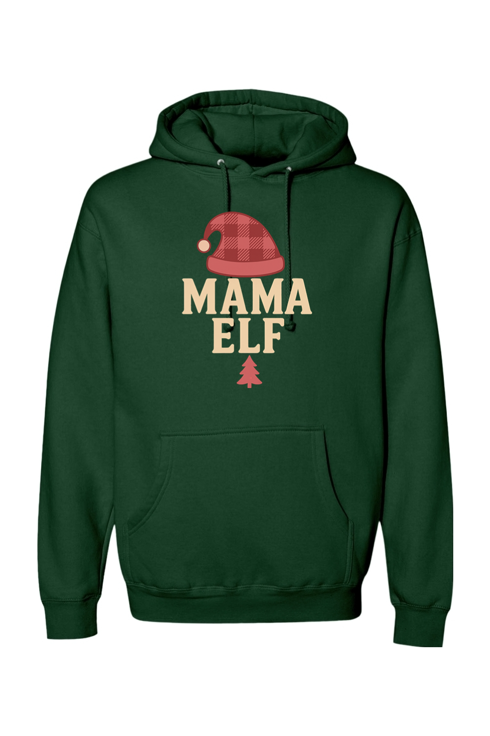 Dark green Christmas hoodie with "Mama Elf" text with an elf hat and pine tree design cute trendy women's long sleeve hooded sweatshirt