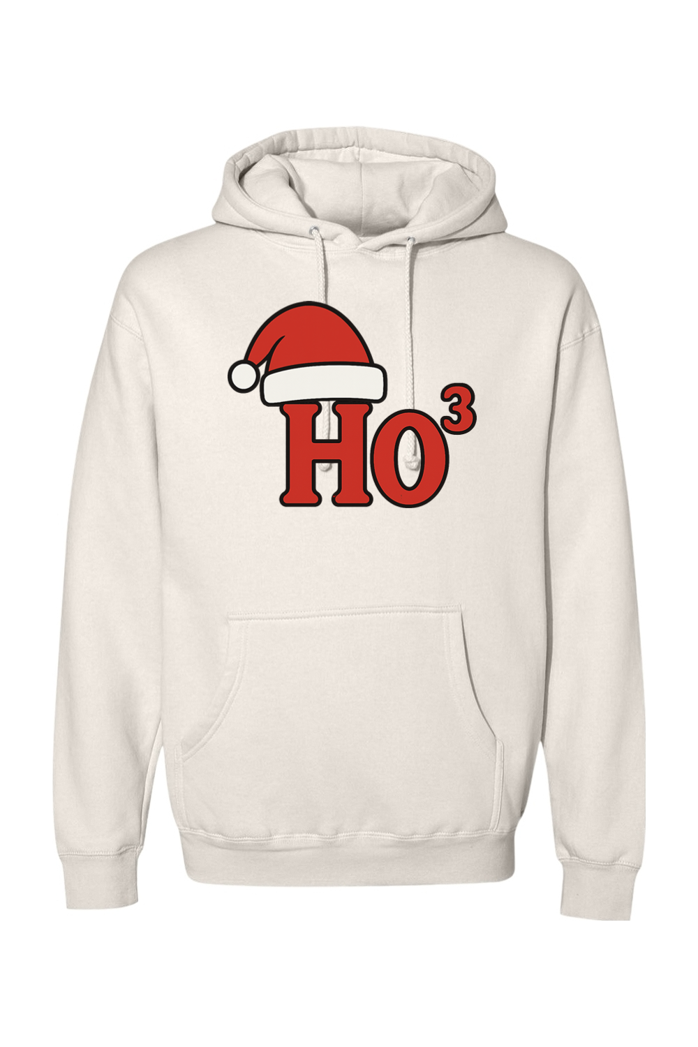 Beige Christmas hoodie with "Ho³" text in red with a Santa hat design funny holiday humor long sleeve hooded sweatshirt