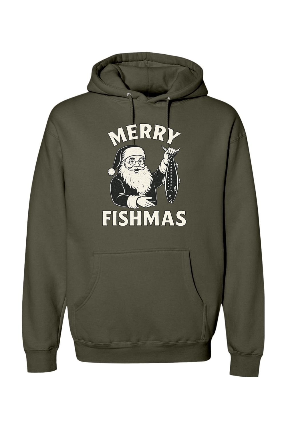 Olive green Christmas hoodie with "Merry Fishmas" text with Santa holding a fish design funny fishing holiday festive long sleeve hooded sweatshirt