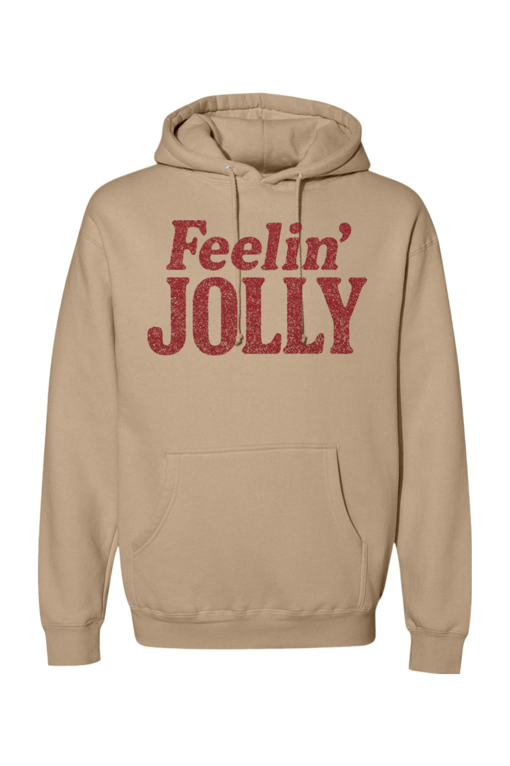 Dark beige Christmas hoodie with "Feelin' Jolly" text in dark red funny holiday humor long sleeve hooded sweatshirt