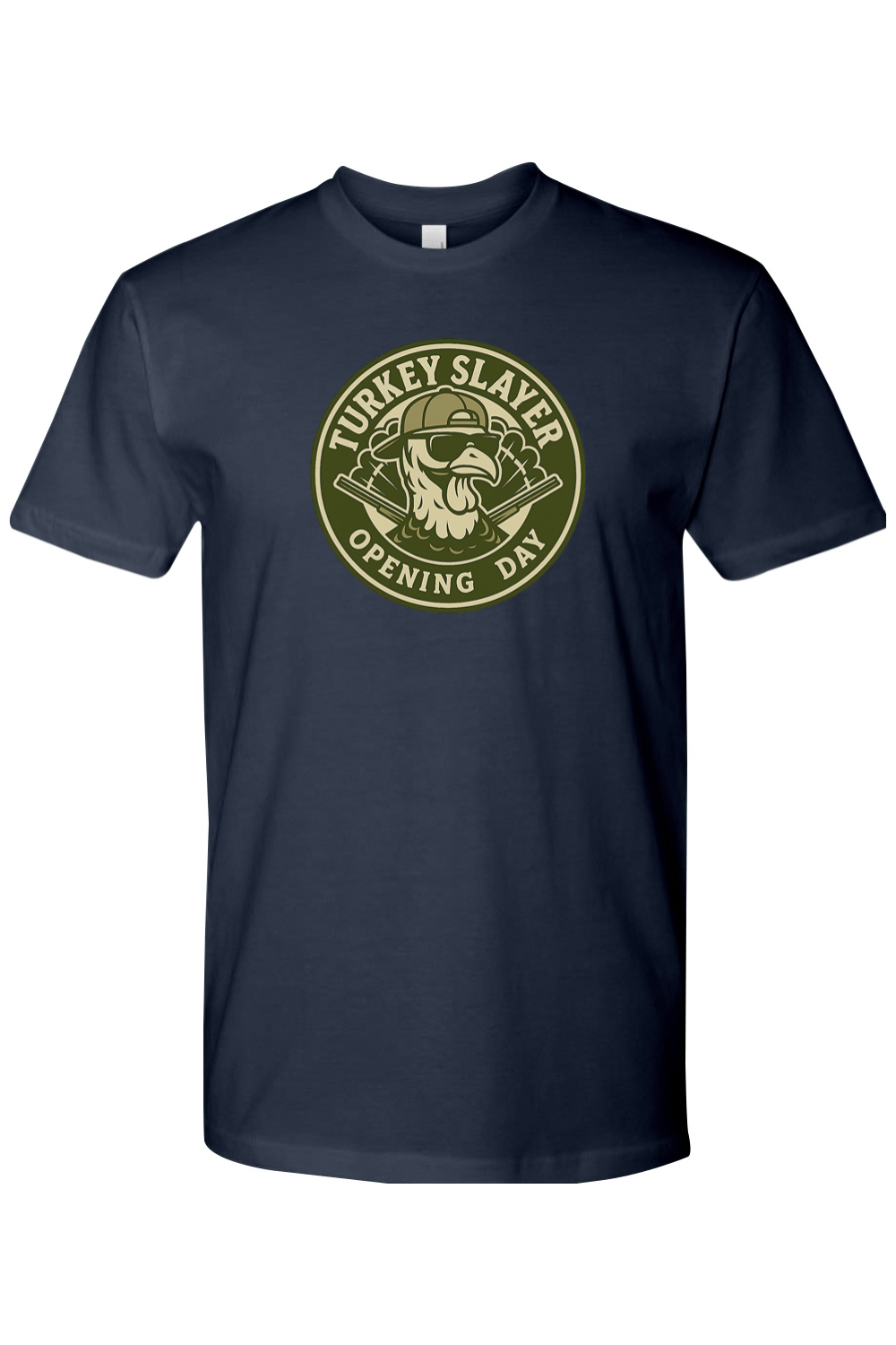 Navy Blue Thanksgiving t-shirt with "Turkey Slayer Opening Day" text with a turkey badge design funny hunting fall short sleeve shirt