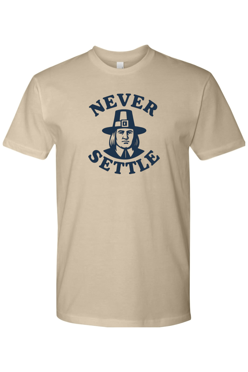 Dark beige Thanksgiving t-shirt with "Never Settle" text and a pilgrim design funny sarcastic fall holiday short sleeve shirt