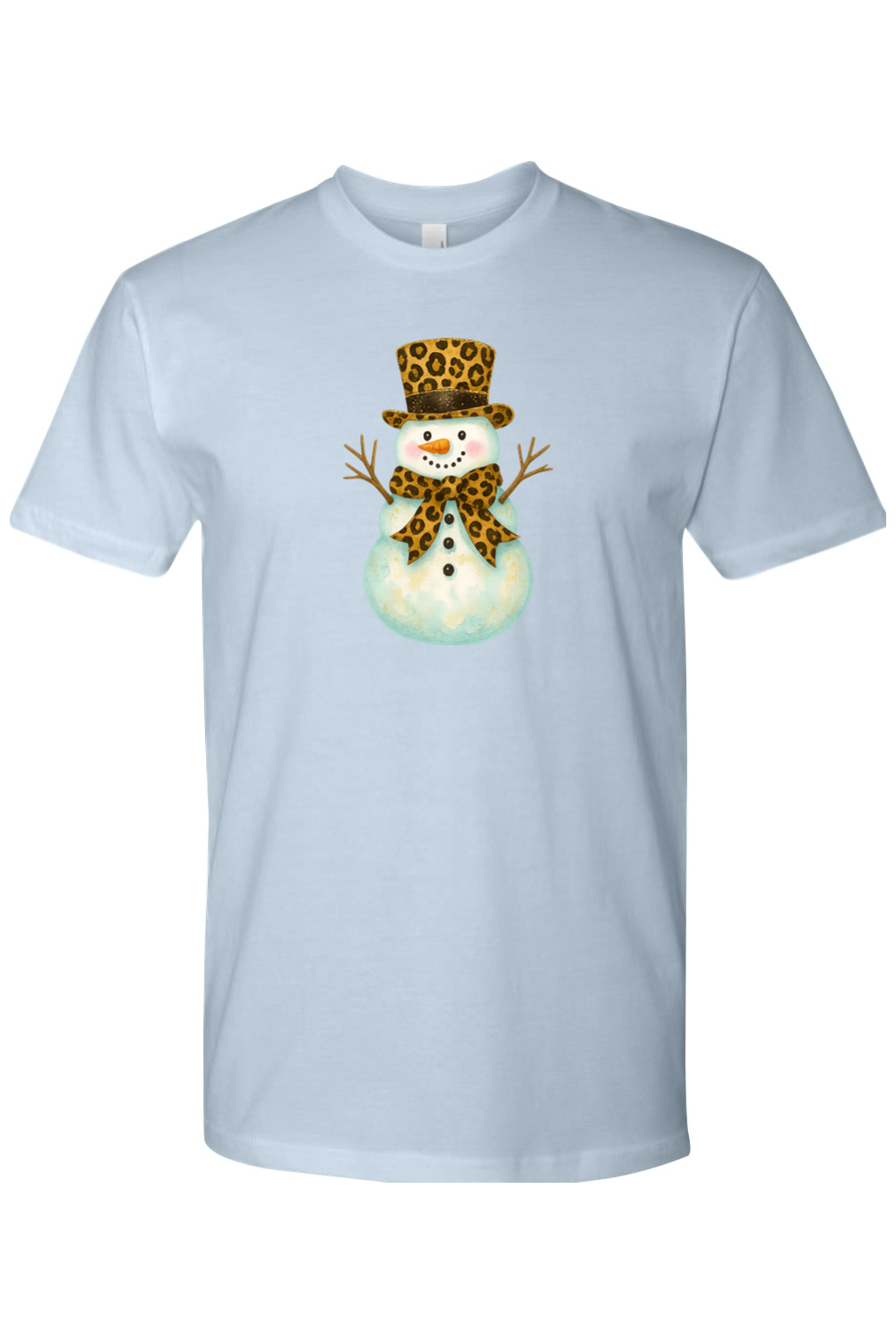 Light blue Christmas shirt with a snowman in a leopard print bow and leopard print top hat design cute girly festive holiday short sleeve shirt