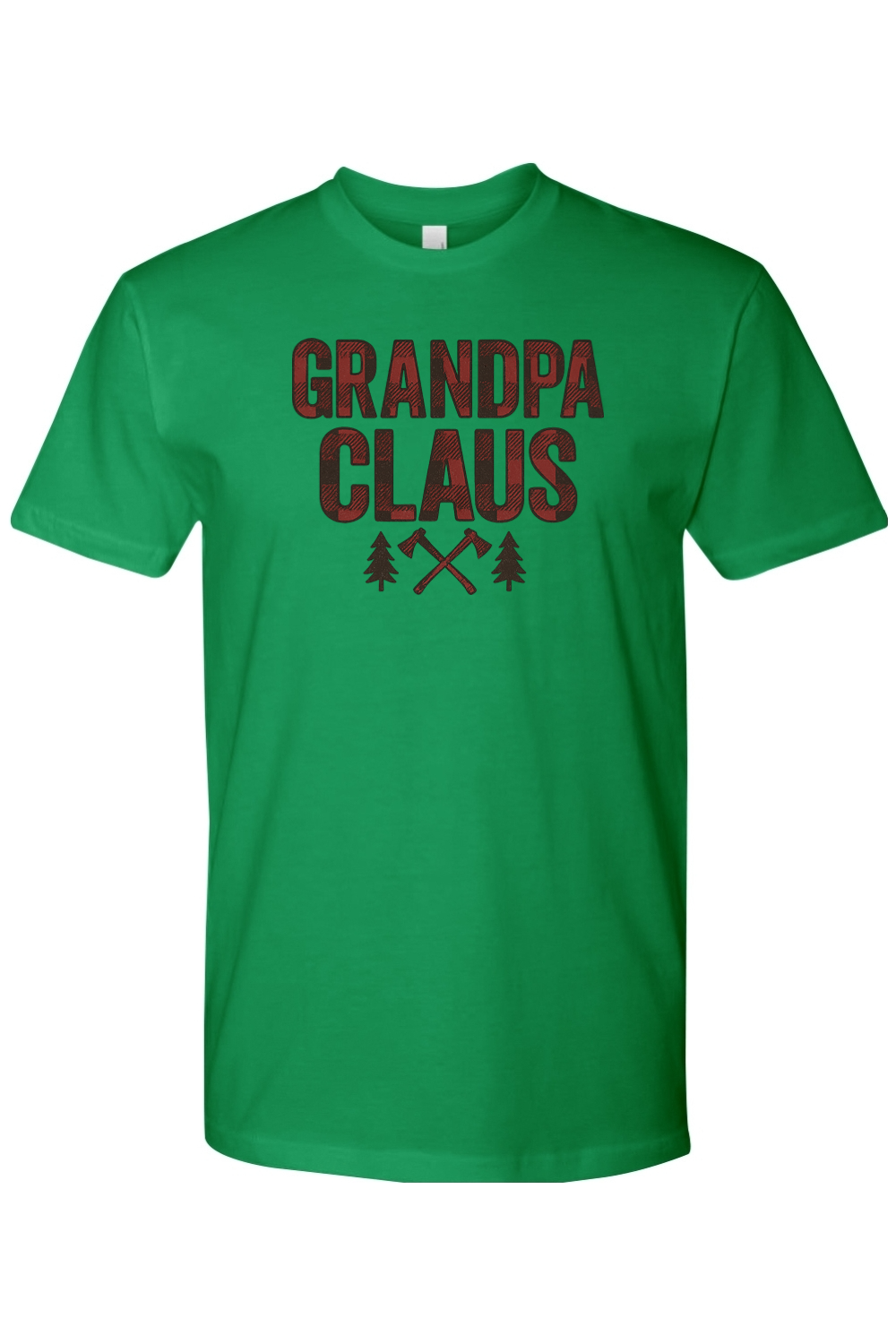 Green Christmas t-shirt with "Grandpa Claus" text in buffalo plaid with two axes and two trees design cool trendy grandpa grandparent holiday short sleeve shirt