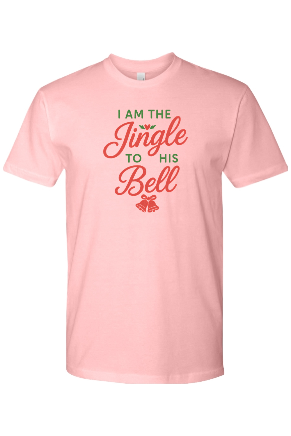 Light pink Christmas t-shirt with "I am the Jingle to His Bell" text in red and green with a heart and bell design cute flirty women's festive holiday short sleeve shirt