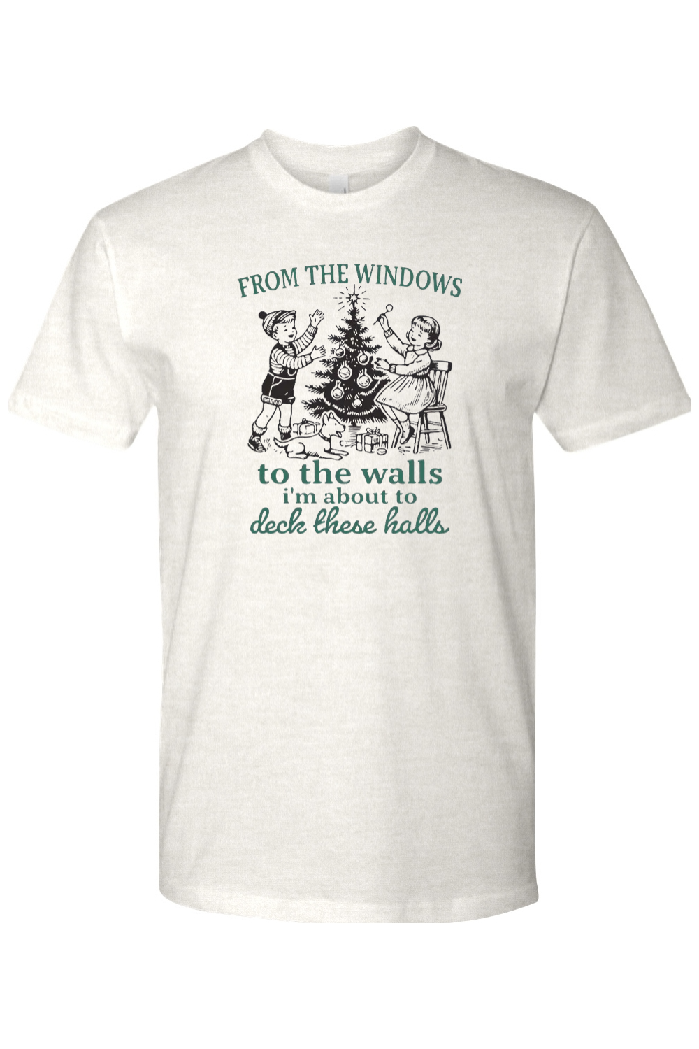 Light cream Christmas t-shirt with "From The Windows To The Walls I'm About To Deck These Halls" text in green with a vintage boy, girl, and dog decorating a Christmas tree design funny humor holiday short sleeve shirt