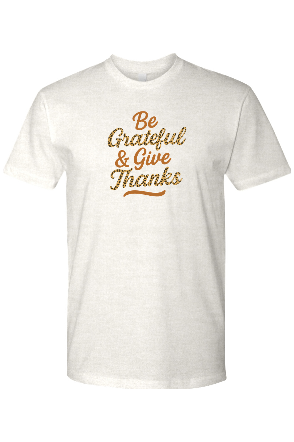 Light cream Thanksgiving t-shirt with "Be Grateful & Give Thanks" text in leopard print with a wavy line design underneath cute trendy fall holiday short sleeve shirt