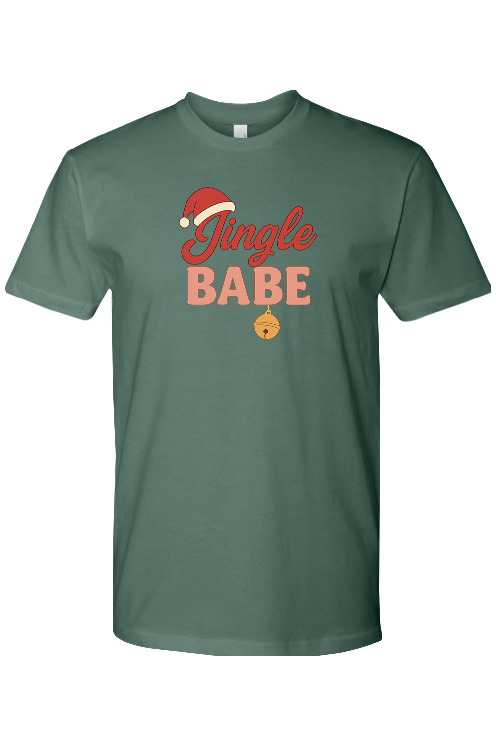 Pine green Christmas t-shirt with "Jingle Babe" text and a Santa hat bell design cute girly festive holiday short sleeve shirt
