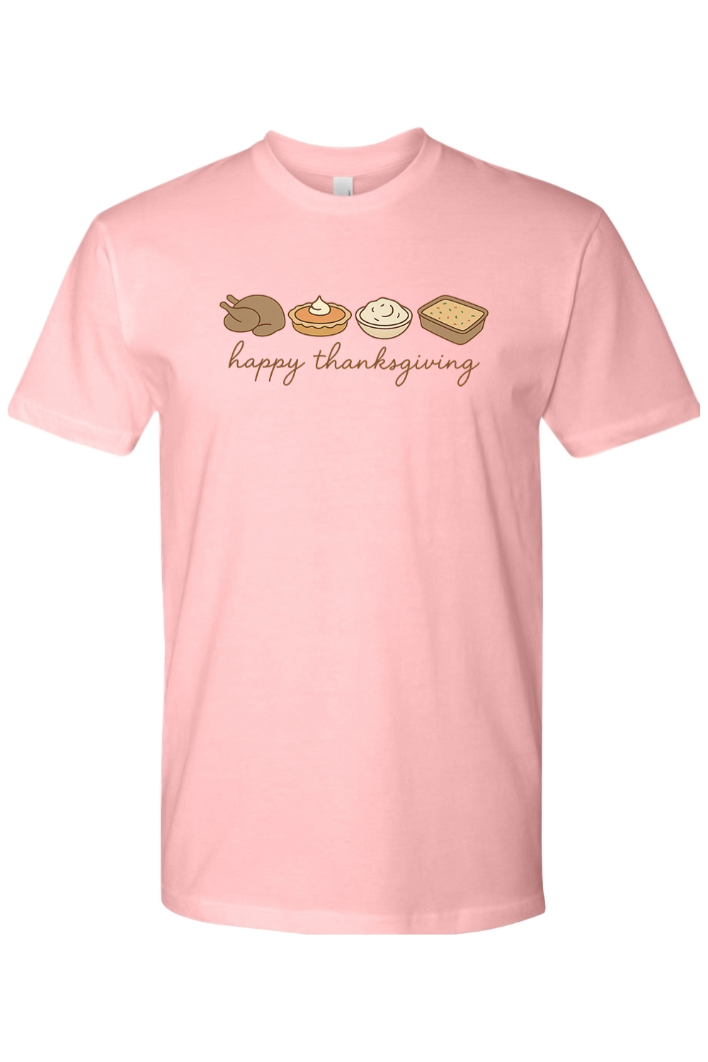 Light pink Thanksgiving t-shirt with "happy thanksgiving" text and turkey, pumpkin pie, mashed potatoes, stuffing design cute trendy fall holiday short sleeve shirt