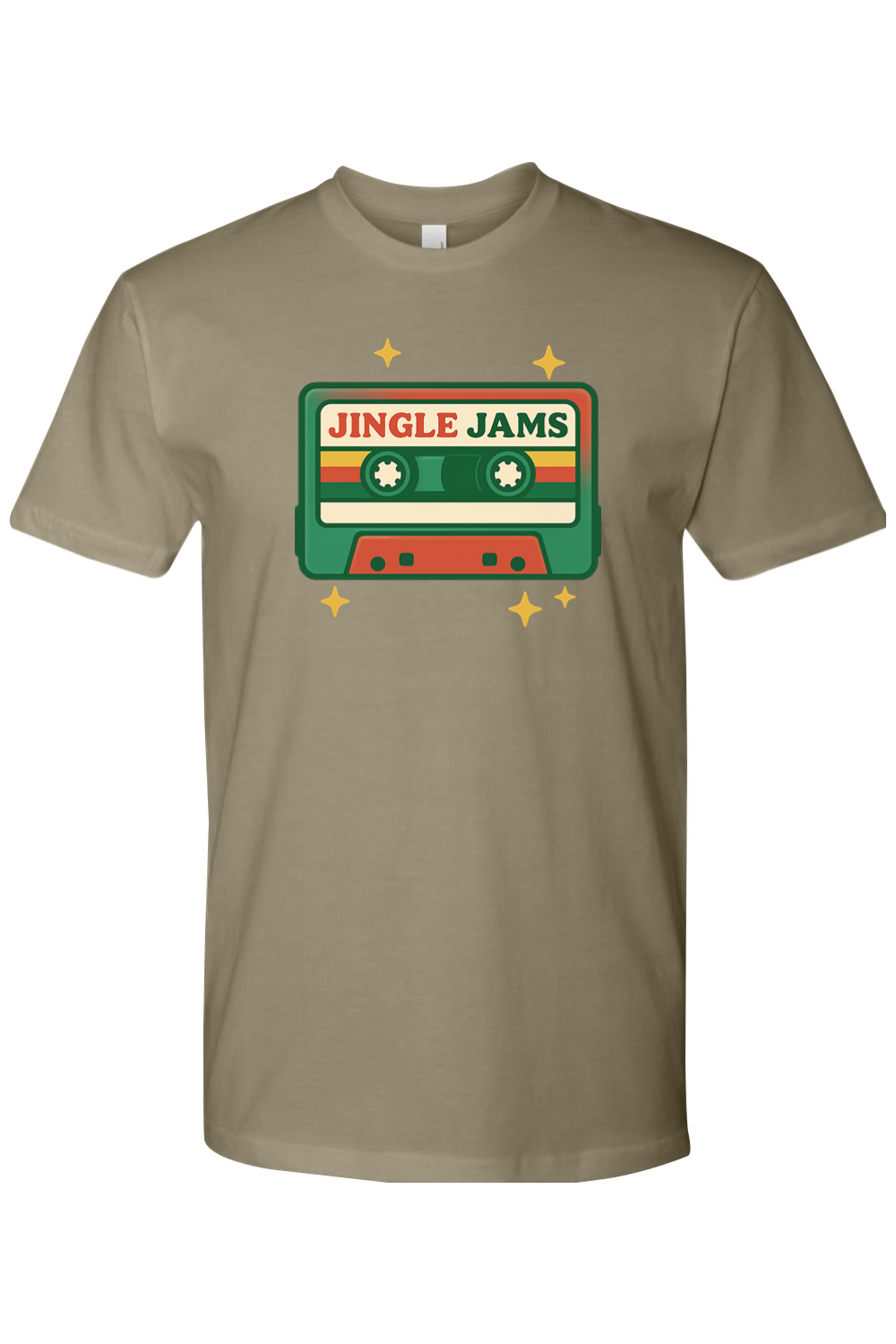 Olive green vintage Christmas t-shirt with "Jingle Jams" text inside a cassette tape retro trendy holiday short sleeve shirt