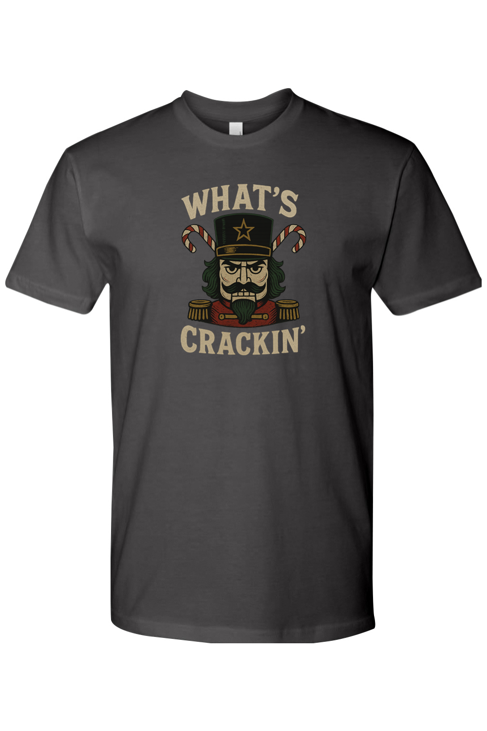 Dark gray Christmas t-shirt with "What's Crackin'" text and a masculine nutcracker candy cane design funny manly holiday humor short sleeve shirt